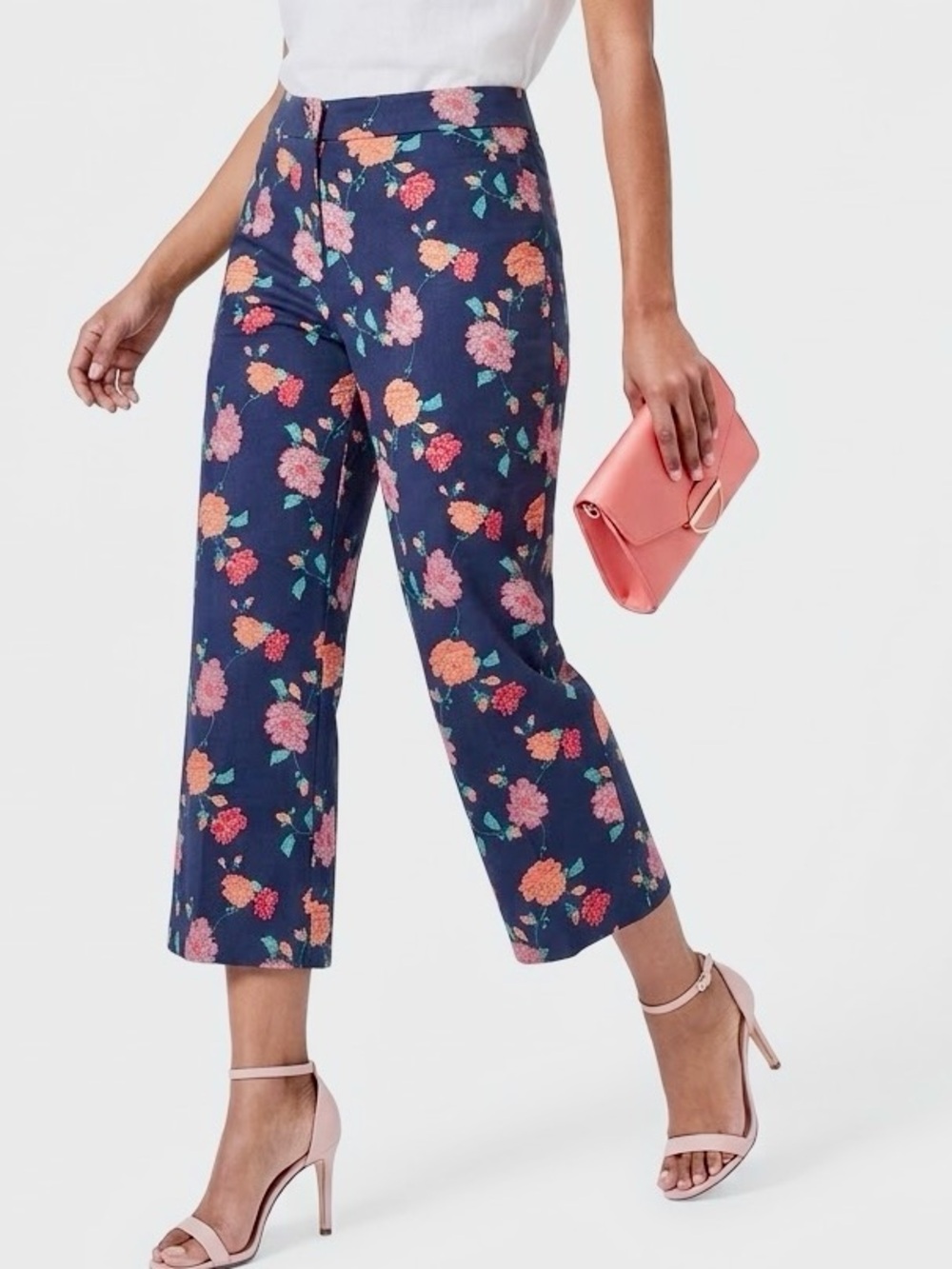 CHICO’S Stretchy Navy Blue Pink Floral Cropped Straight-Leg Chino Pants — LHP